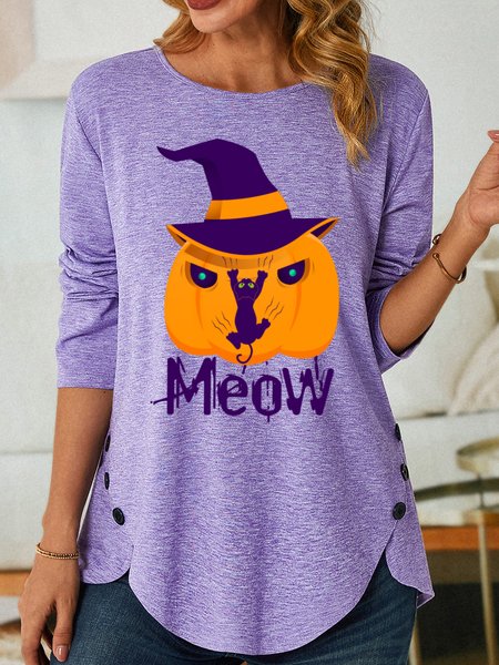 

Meow With Cat And Pumpkin Women's Halloween Long Sleeve T-Shirt, Purple, Long sleeves