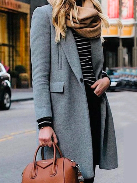 

Urban Plain Lapel Collar Overcoat, Gray, Trench Coats