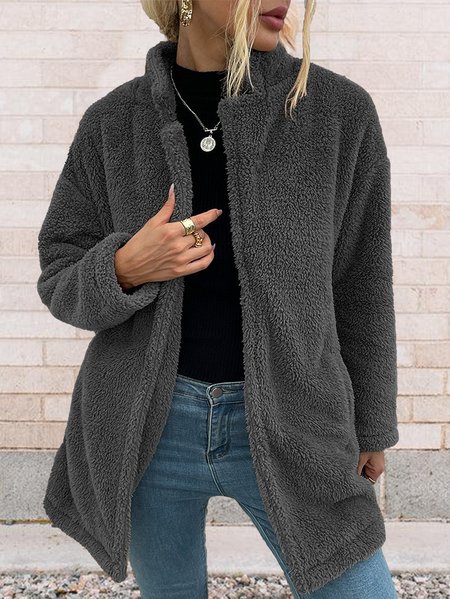 

Casual Cotton-Blend Stand Collar Teddy Jacket, Gray, Jackets
