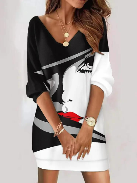 

Casual Abstract Figure Print V-Neck Casual Dress, Multicolor, Mini Dresses