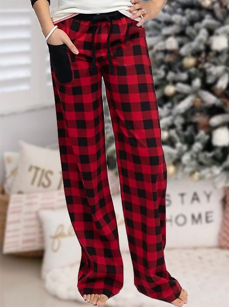 

Plaid Geometric Cotton-Blend Loose Casual Pants, Red, Pants