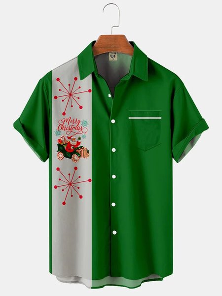 

Men's Christmas Print Casual Breathable Short Sleeve Shirt, Green, Short Sleeve Shirts