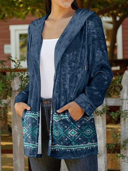 

Ethnic Floral Design Velvet Casual Hooded Coat, Dark blue, Coats