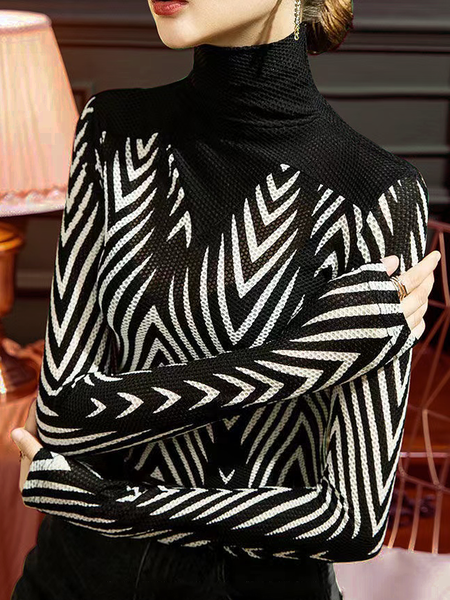 

Tight High Elasticity Turtleneck Striped Long sleeve Tight T-Shirt, Stripe, Tees