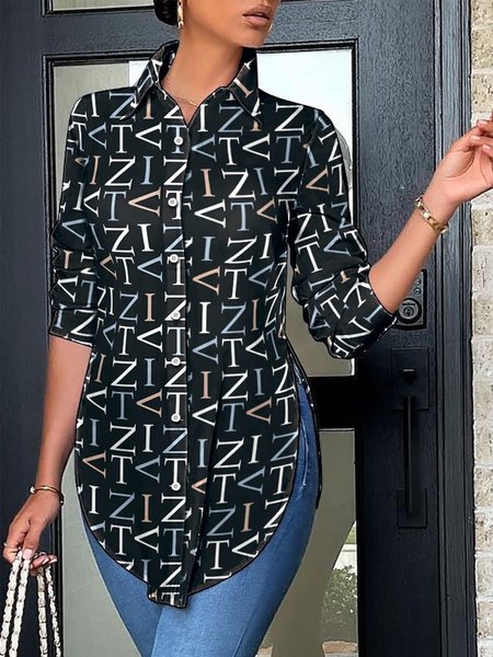 Text Letters Urban Long Sleeve Regular Fit Blouse, Black, Blouses and Shirts