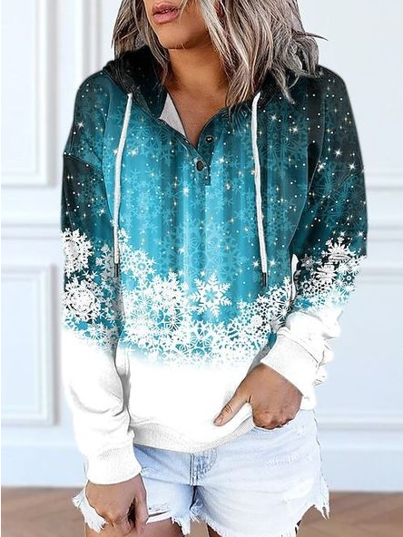 

Ombre Snowflake Loose Casual Hoodie Sweatshirts, White-green, Sweatshirts & Hoodies