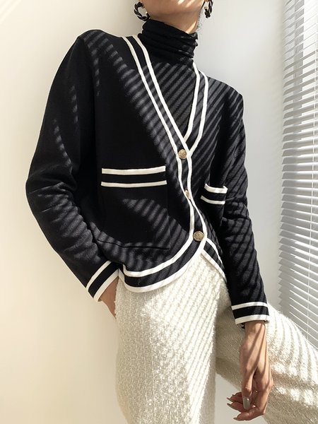 

Urban Color Block Loose Sweater Cardigan, Black, Cardigans