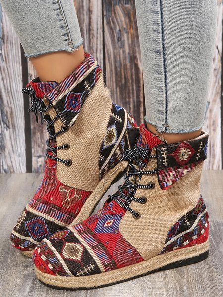 

Bohemian Ethnic Straw Boots, Red, Boots