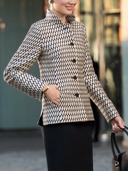 

Stand Collar Urban Geometric Long Sleeve Jacket, Black, Jackets