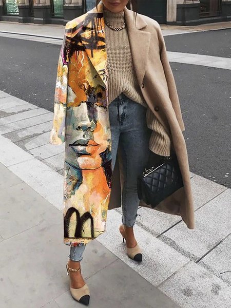

Urban Abstract Printed Lapel Collar Overcoat, Khaki, Coats
