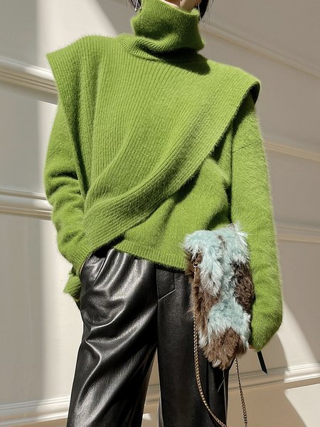 

Plain Turtleneck Long Sleeve Sweater, Green, Pullovers