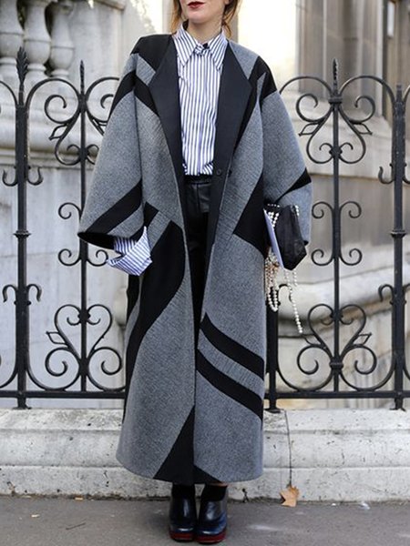 

Geometric Printed Loose Shawl Collar Overcoat, Gray, Coats