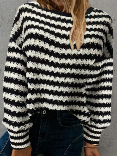 

Vintage Stripe Knit Casual Long Sleeve Sweater, Black, Sweaters