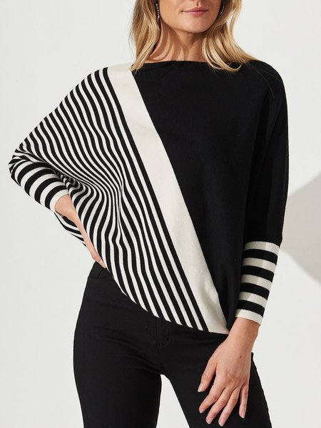 

Batwing Sleeve Urban Striped Loose Sweater, Black, Pullovers