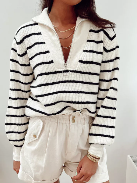 

Loose Striped Shawl Collar Long sleeve Urban Sweater, Stripe, Pullovers