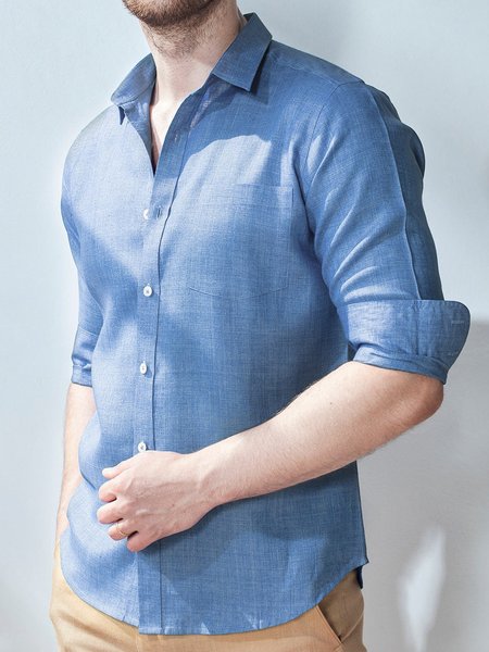 

Men's Cotton Linen Casual Pocket Long Sleeve Shirt, Blue, Long Sleeve Shirts