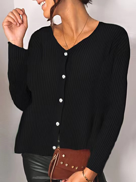 

Casual Solid Color Button Long-Sleeved Sweater, Black, Cardigans