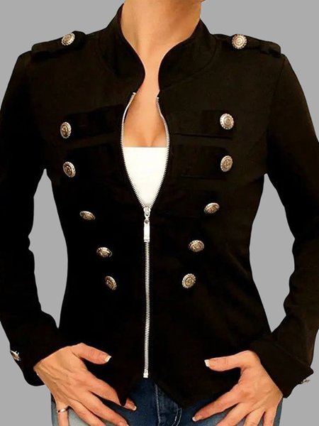 

Simple Stand Collar Plain Long Sleeve Jacket, Black, Jackets