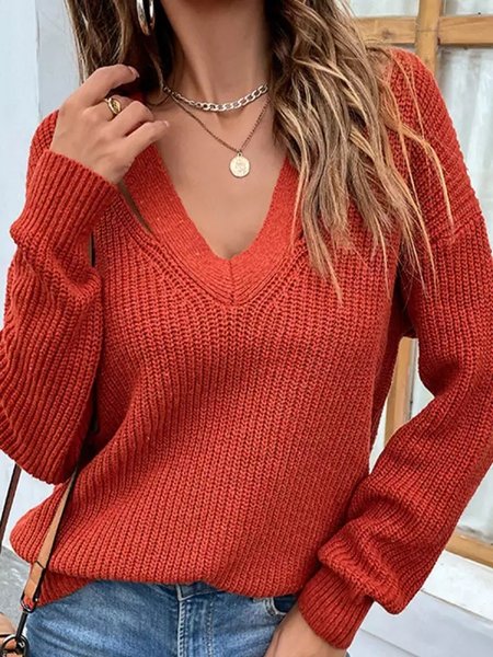 

V Neck Plain Casual Sweater, Red brown, Sweaters & Cardigans