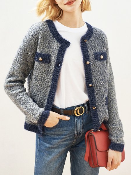 

Urban Crew Neck Sweater Color Block Cardigan, Blue, Cardigans