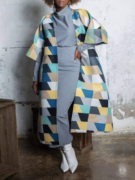 

Long Three Quarter Regular Fit Others Geometric Overcoat, Blue, Coats