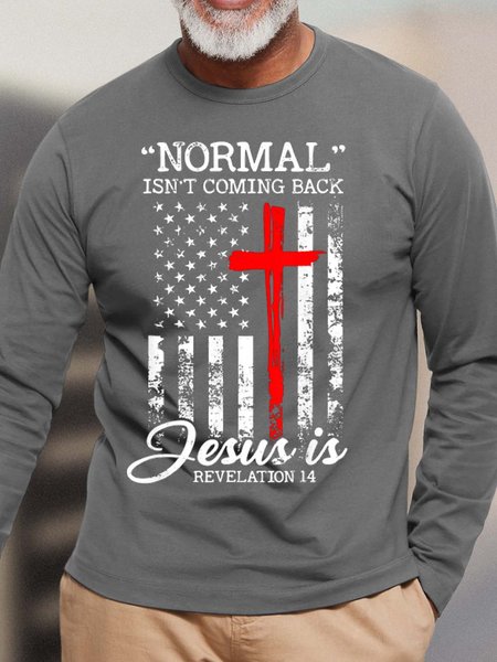 

Men Normal Isn’t Coming Back Letters Cotton Top, Gray, Long Sleeves