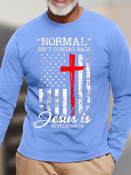 Men Normal Isn’t Coming Back Letters Cotton Top, Light blue, Long Sleeves