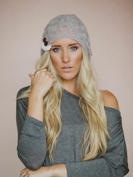 

Casual Leaf Pattern Lace Button Sweater Warm Hat Pullover Hat, Light gray, Women Hats
