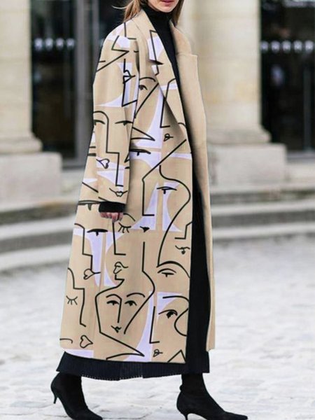

Urban Loose Lapel Collar Abstract Printed Overcoat, Khaki, Coats