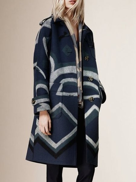 

Urban Loose Shawl Collar Geometric Printed Overcoat, Deep blue, Coats