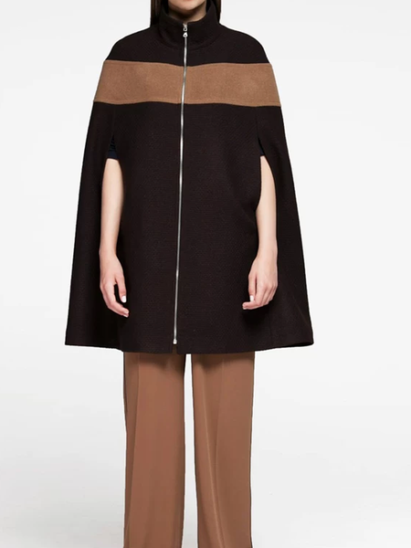 

Loose Stand Collar Sleeveless Color Block Mid-long Jacket, Deep brown, Jackets