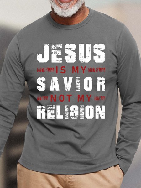 

Men Jesus Is My Savior Not My Religion Letters Cotton Loose Crew Neck Top, Gray, Long Sleeves