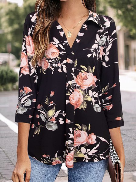 

Floral Regular Fit Casual Tops, Black, Shirts & Blouses