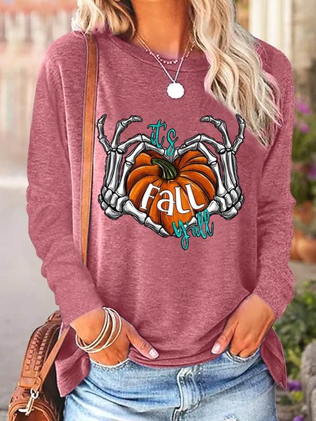 

Women Skeleton Pumpkin Simple Long sleeve Tops, Red, Long sleeves