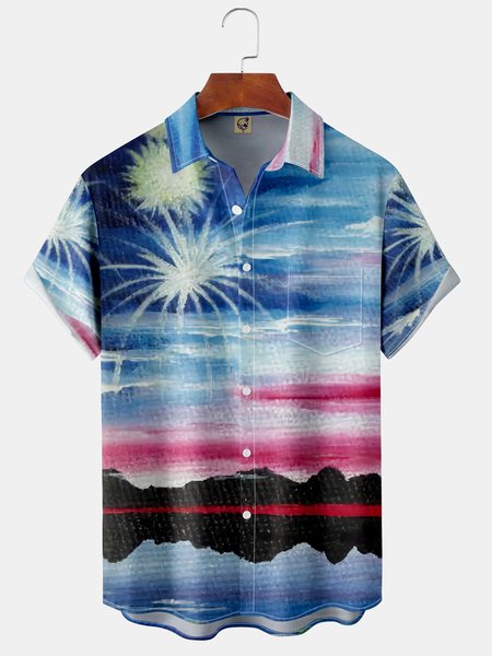 

Men's Ocean Print Fashion Hawaiian Lapel Short Sleeve Shirt, Blue, Short Sleeve Shirts
