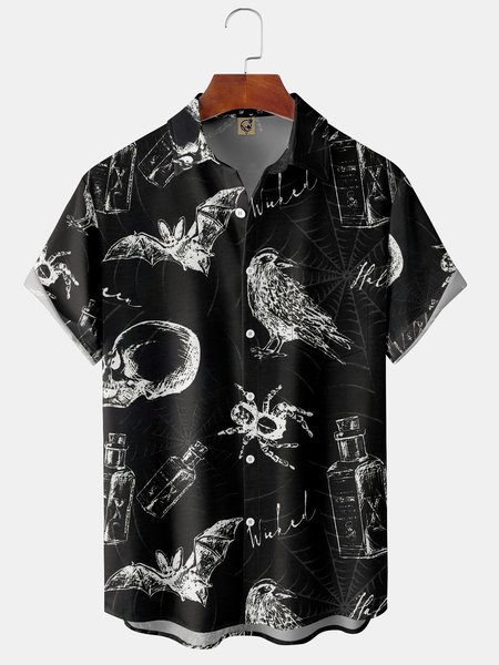 

Men's Halloween Print Fashion Hawaiian Lapel Short Sleeve Shirt, Black, Short Sleeve Shirts