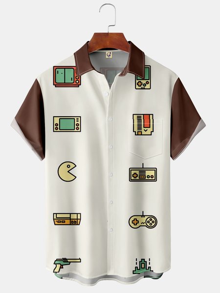 

Men's Retro Game Print Fashion Hawaiian Lapel Short Sleeve Shirt, White, Short Sleeve Shirts
