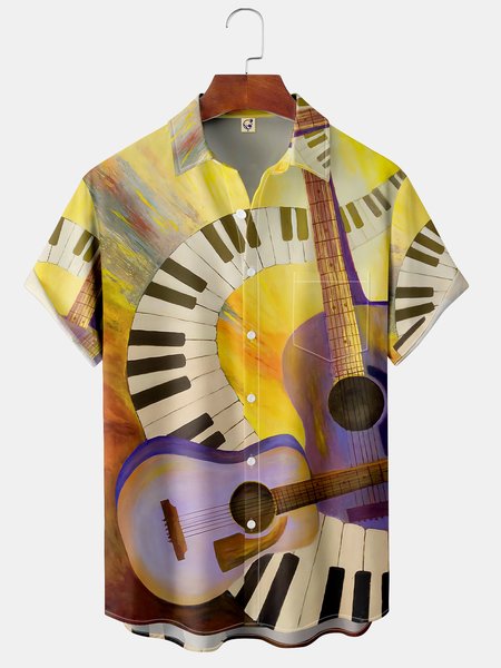 

Men's Music Print Fashion Hawaiian Lapel Short Sleeve Shirt, Yellow, Short Sleeve Shirts