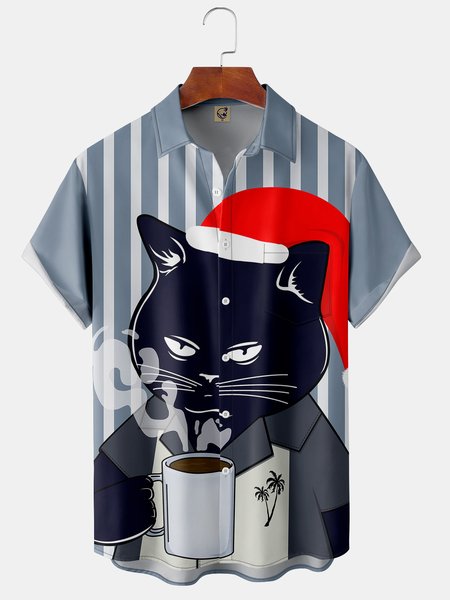 

Men's Vintage Christmas Fun Cat Print Fashion Hawaiian Short Sleeve Shirt, Blue, Short Sleeve Shirts