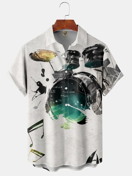 

Men's Casual Drum Set Print Hawaiian Holiday Short Sleeve Shirt, White, Short Sleeve Shirts