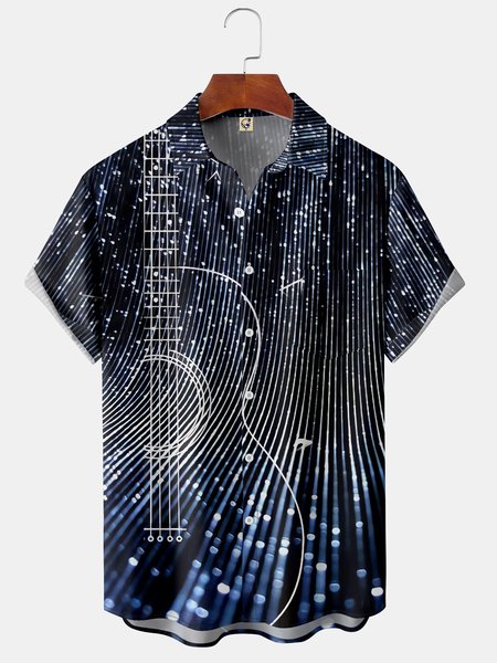 

Mens Rock Roll Guitar Print Front Buttons Soft Breathable Chest Pocket Casual Hawaiian Shirt, Blue, Short Sleeve Shirts