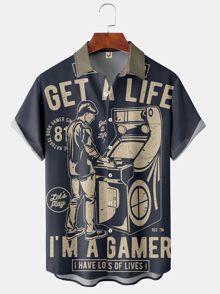 

Men's Retro Game Print Fashion Hawaiian Lapel Short Sleeve Shirt, Purplish blue, Short Sleeve Shirts