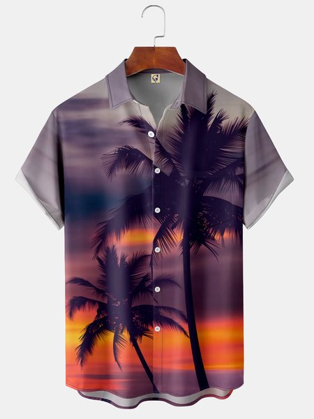 

Mens Vacation Coconut Tree Print Front Buttons Soft Breathable Chest Pocket Casual Hawaiian Shirt, Purple, Short Sleeve Shirts