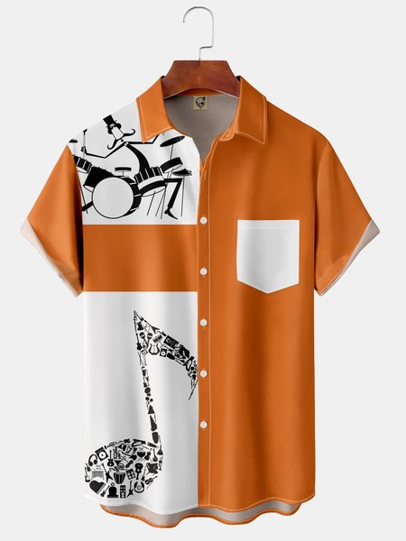 

Men's Music Hawaiian Lapel Phonogram Short Sleeve Shirt, Orange, Short Sleeve Shirts