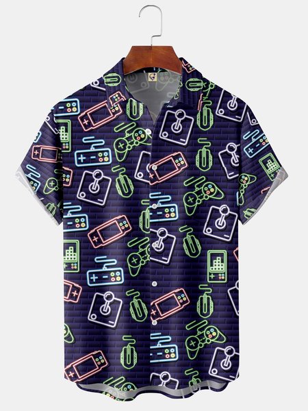 

Men's Retro Game Print Fashion Hawaiian Lapel Short Sleeve Shirt, Blue, Short Sleeve Shirts