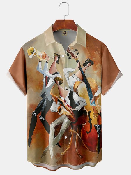 

Men's Music Print Fashion Hawaiian Lapel Short Sleeve Shirt, Coffee, Short Sleeve Shirts