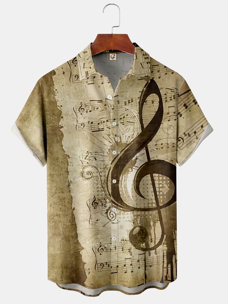 

Mens Vintage Music Note Print Front Buttons Soft Breathable Chest Pocket Casual Hawaiian Shirt, Khaki, Short Sleeve Shirts