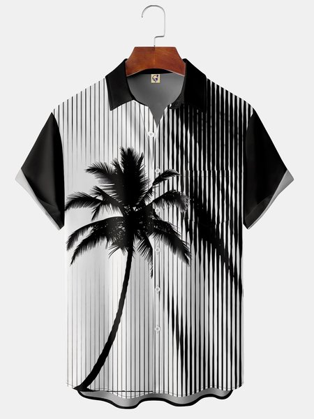 

Mens Black-white Stripes Coconut Tree Print Front Buttons Soft Breathable Chest Pocket Casual Hawaiian Shirt, Short Sleeve Shirts