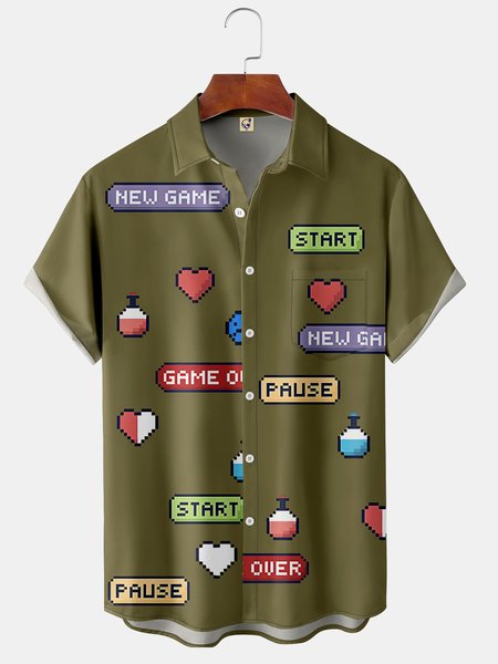 

Men's Retro Game Print Fashion Hawaiian Lapel Short Sleeve Shirt, Green, Short Sleeve Shirts