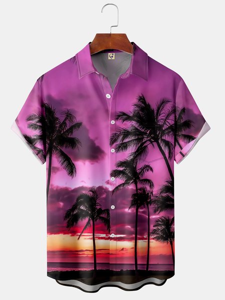

Mens Coconut Tree Print Front Buttons Soft Breathable Chest Pocket Casual Hawaiian Shirt, Purple, Short Sleeve Shirts